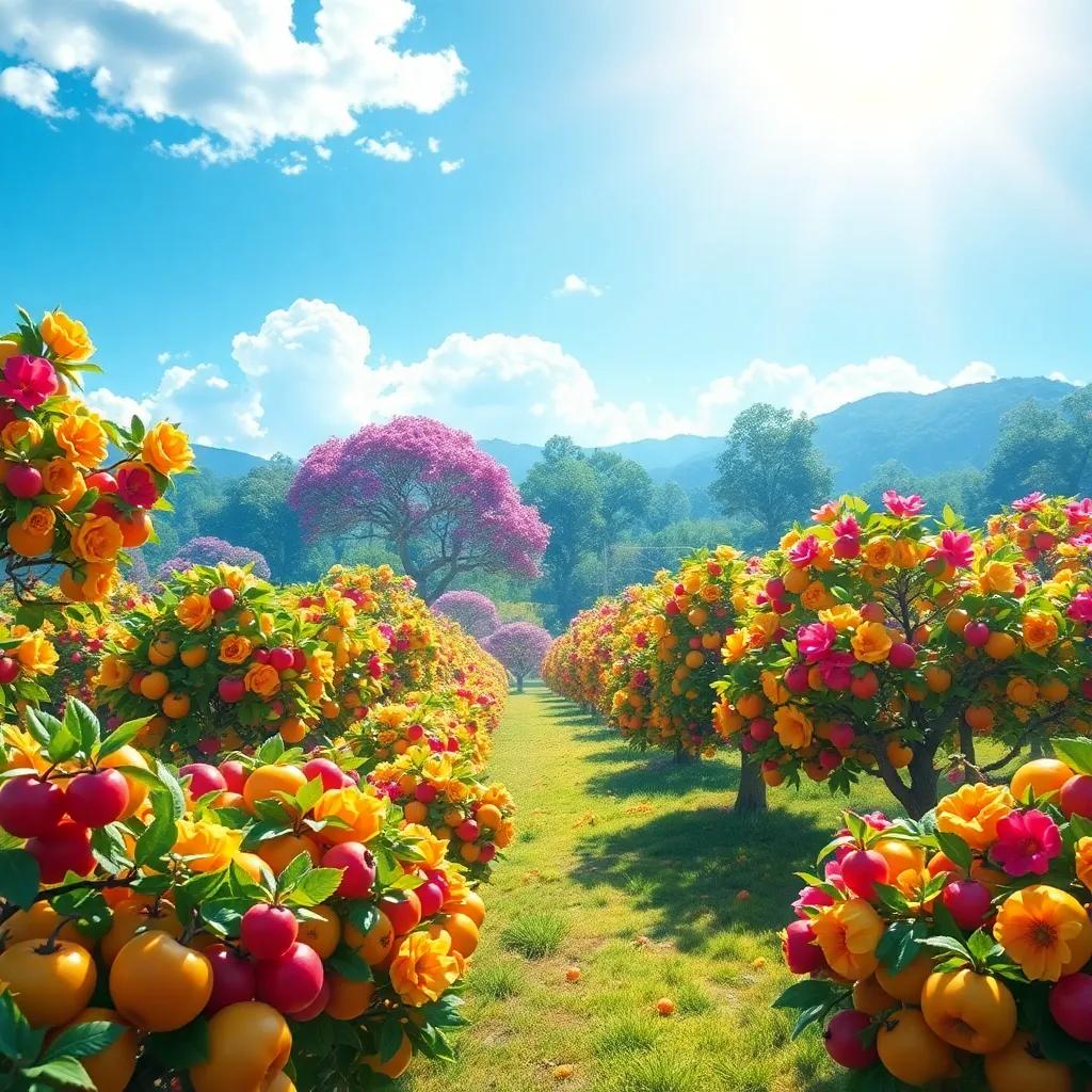 A magical orchard full of colorful fruits, vibrant trees with bright fruits, a rainbow of colors in sunlight, cheerful atmosphere, enchanting landscape