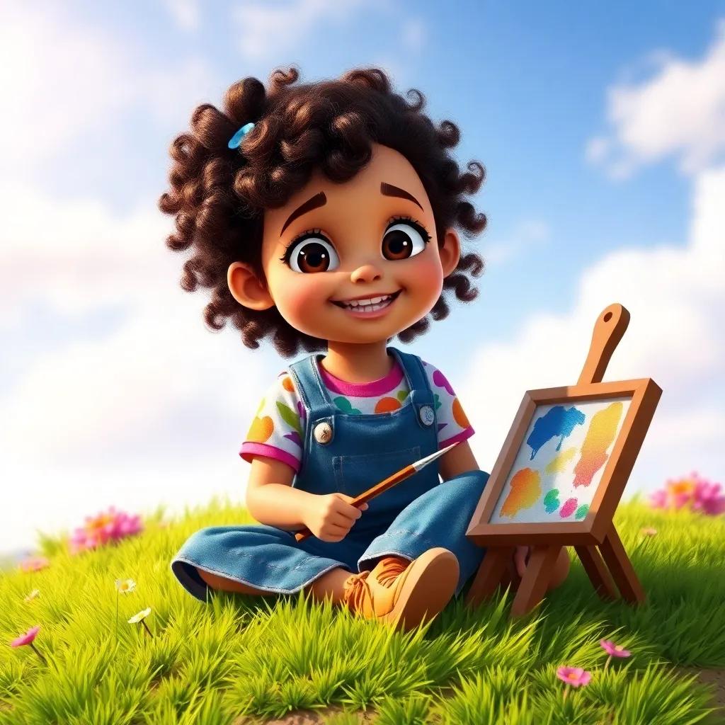A young girl, Mia, with curly brown hair, wearing a colorful t-shirt and overalls, sitting on a grassy hill with her magic paint set, vibrant colors around her, cheerful expression, sunny day, digital art, warm tones, inviting atmosphere, high quality