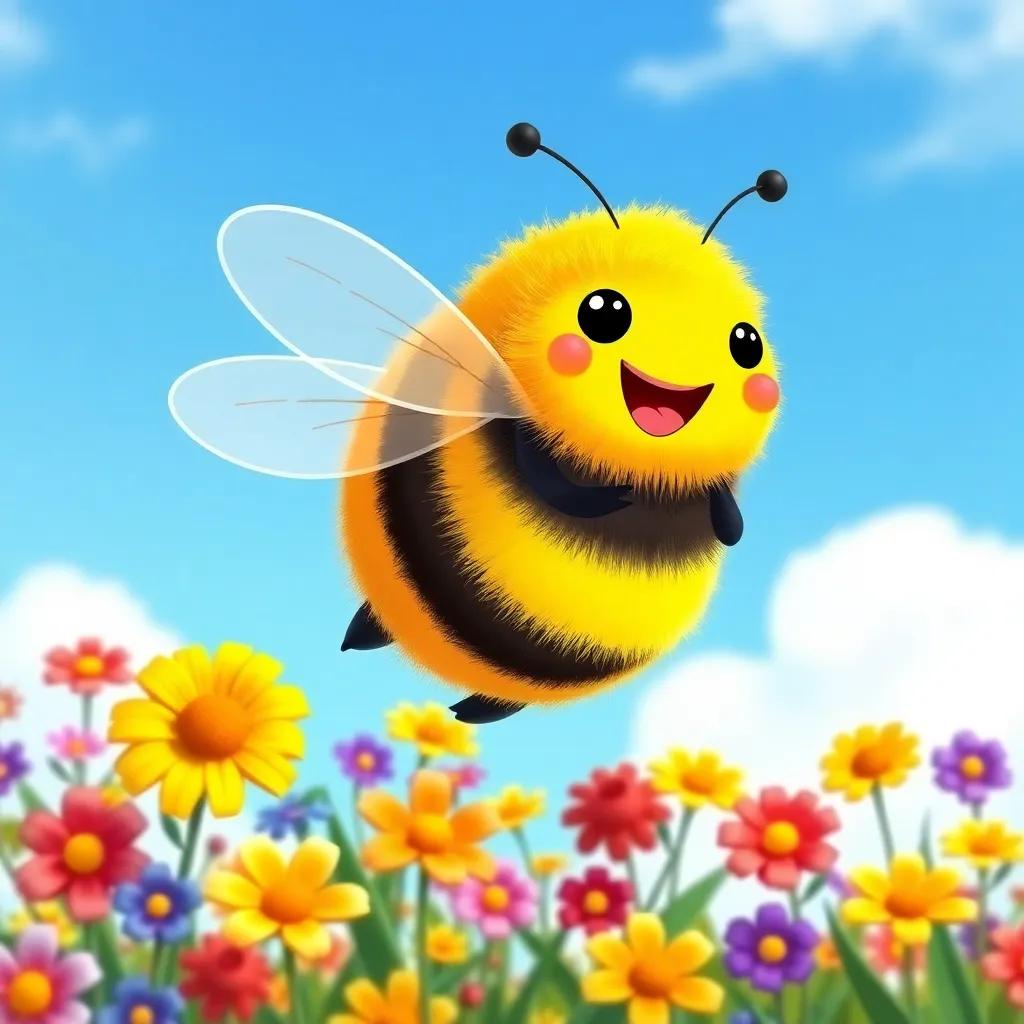 A bumblebee named Benny, with cute round body and big wings, buzzing happily around a bright blue sky, colorful flowers below, whimsical style, bright hues, joyful vibe, child-friendly illustration, high quality