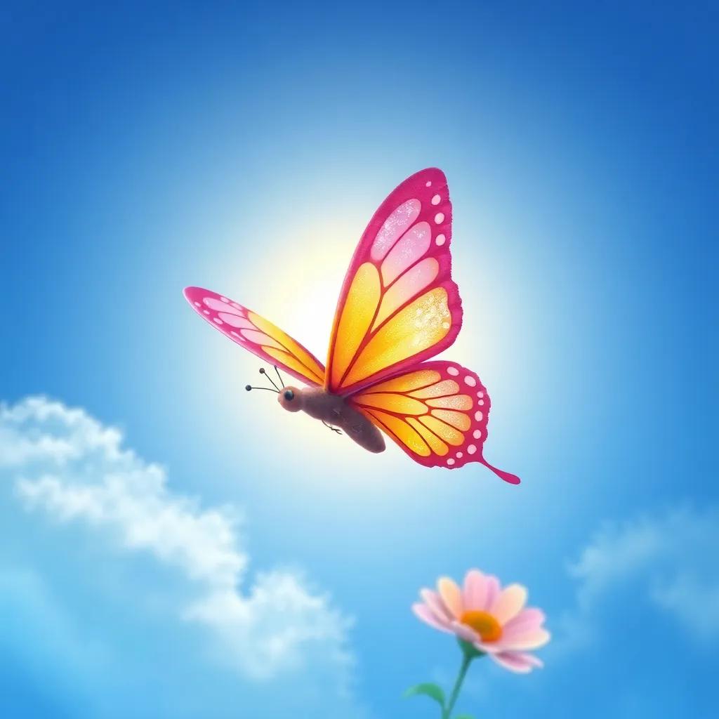 A butterfly named Flutter, with beautiful wings in shades of pink and orange, dancing around the painted sun, which is bright and cheerful in the blue sky, magical style, lively colors, high quality