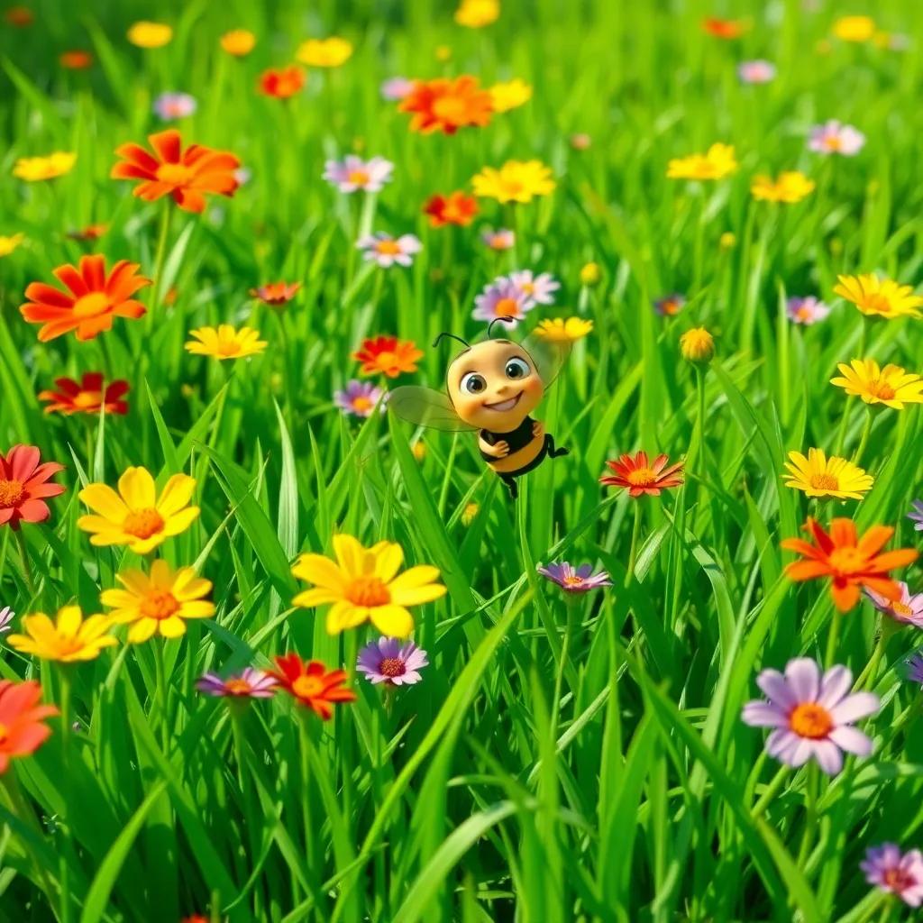 The grass painted in bright green with colorful flowers, including red, yellow, and purple ones, with Benny buzzing happily among them, sunny day atmosphere, vibrant style, high quality