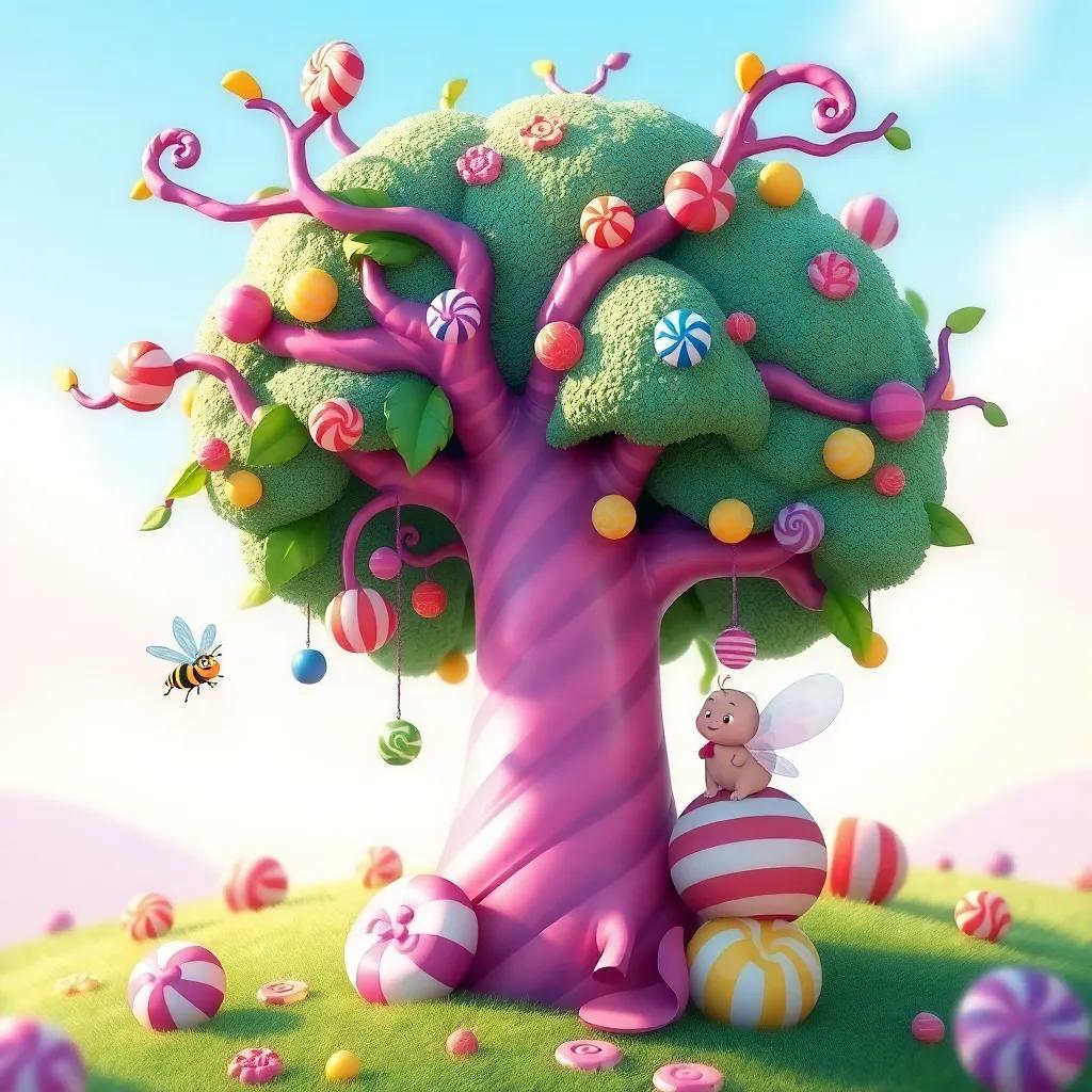 A whimsical candy tree with pink and purple striped trunk and colorful sweets hanging from its branches, with Benny buzzing around and Flutter sitting on a candy, cheerful and colorful, enchanted style, high quality