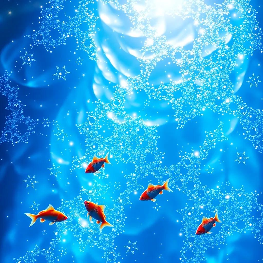 A sparkling river painted in blue and silver, shimmering under the sun, with Flutter dancing on the edge and colorful fish swimming in it, magical feeling, bright colors, high quality