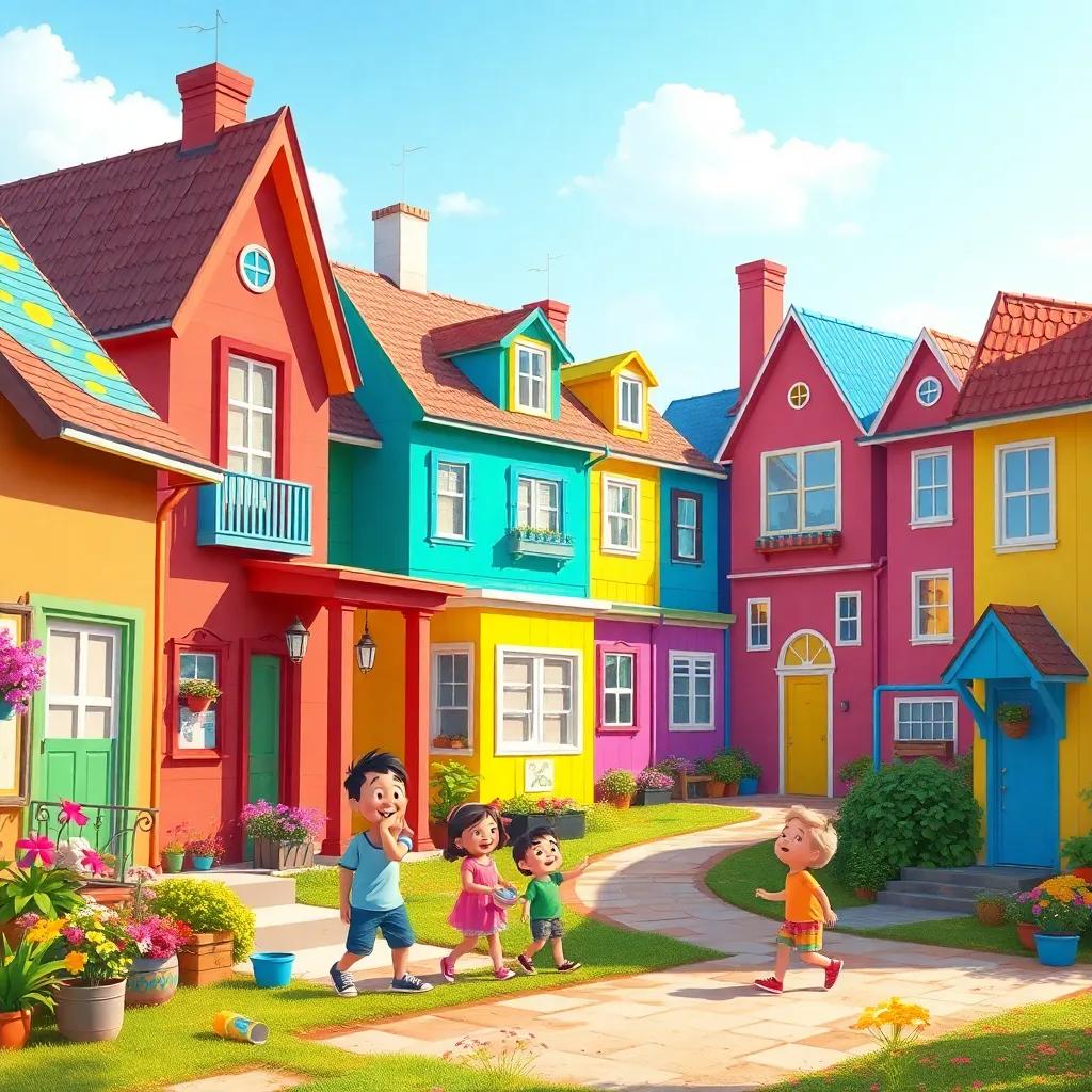 A vibrant neighborhood where colorful houses are painting with magical colors, cheerful children playing and laughing, sunny afternoon, bright, inviting and fun style, high quality