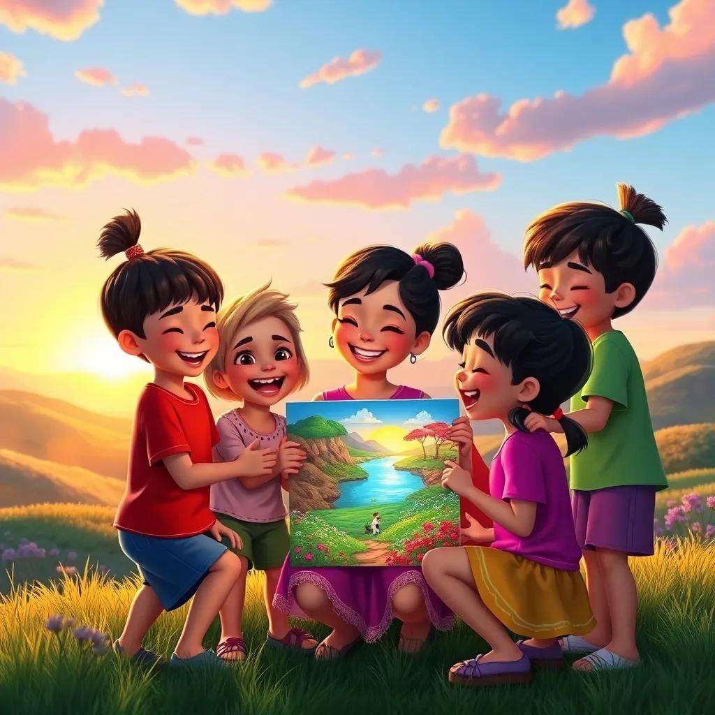 A group of children joyfully laughing and playing together around Mia, who is showing them her colorful painting, bright and vibrant landscape, warm sunset light, high quality