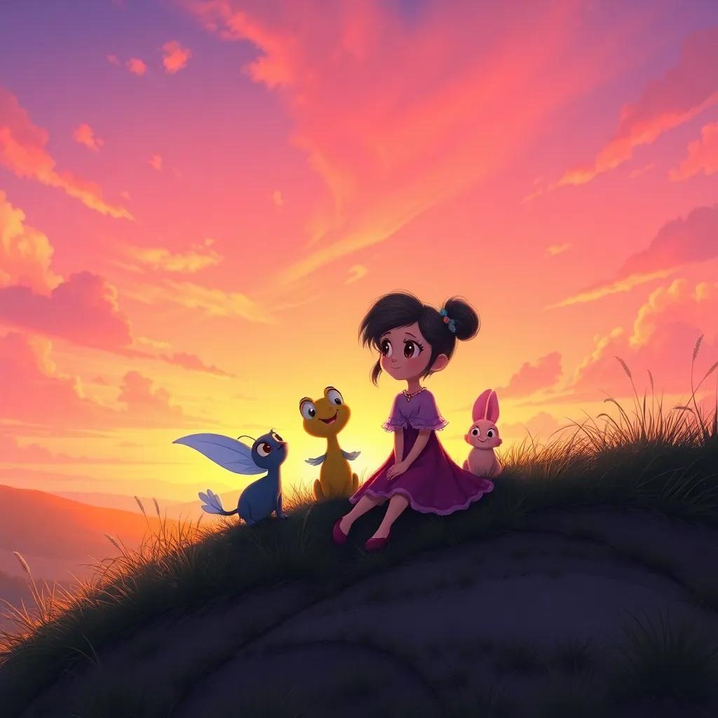Mia sitting on the hill, with her friends Benny and Flutter beside her, watching the beautiful sunset sky of pink and orange, feeling happy together, whimsical style, magical atmosphere, high quality