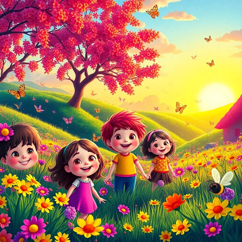 A bright and colorful landscape with all the magical colors painted, surrounded by smiling children, butterflies, and bees, the sun setting in the background, joyful and enchanting, high quality
