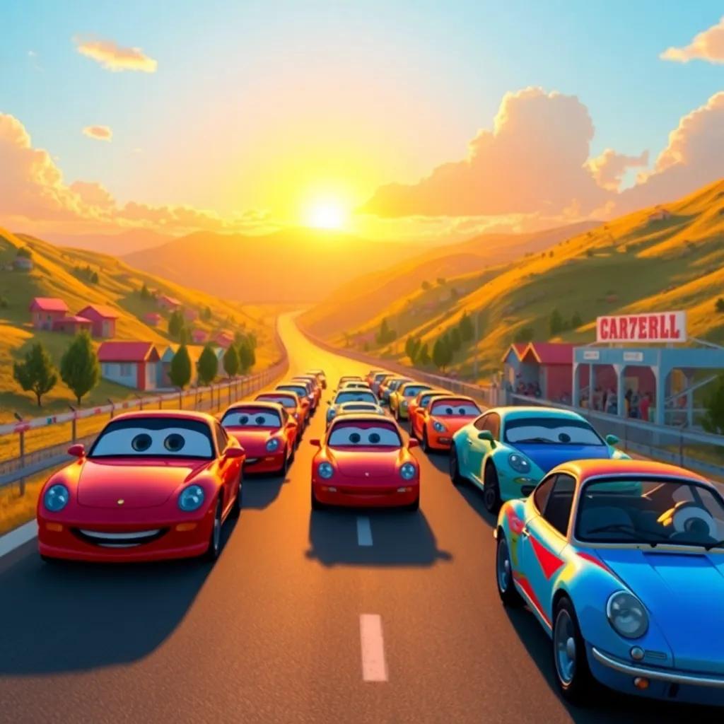 A bright sunrise over Rainbow Valley with colorful cars ready to race, excitement in the air, joyful little racers gathered at the starting line, digital art, warm colors, cheerful atmosphere, high quality