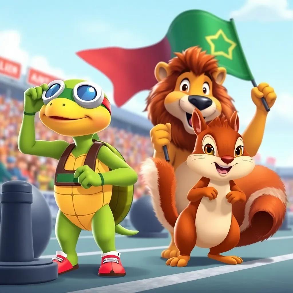 Tilly the Turtle and Sammy the Squirrel at the starting line, Tilly adjusting her racing goggles, Sammy full of energy, Leo the Lion waving the flag, cartoon style, vibrant colors, inviting energy, detailed