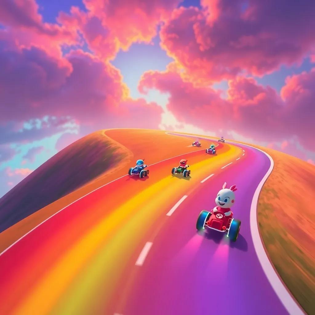 The rainbow road twisting and turning under the colorful sky, little racers zooming through shimmering colors of red, orange, yellow, green, blue, including Tilly spinning, bright digital illustration, dynamic visuals, joyful