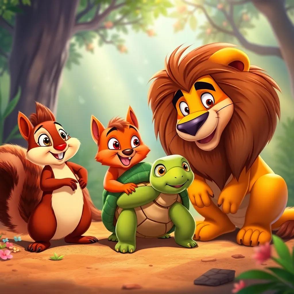 Sammy the Squirrel and Leo the Lion helping Tilly the Turtle get back on track, vivid colors, teamwork spirit, a cheerful atmosphere, detailed scene, engaging art style, rich colors