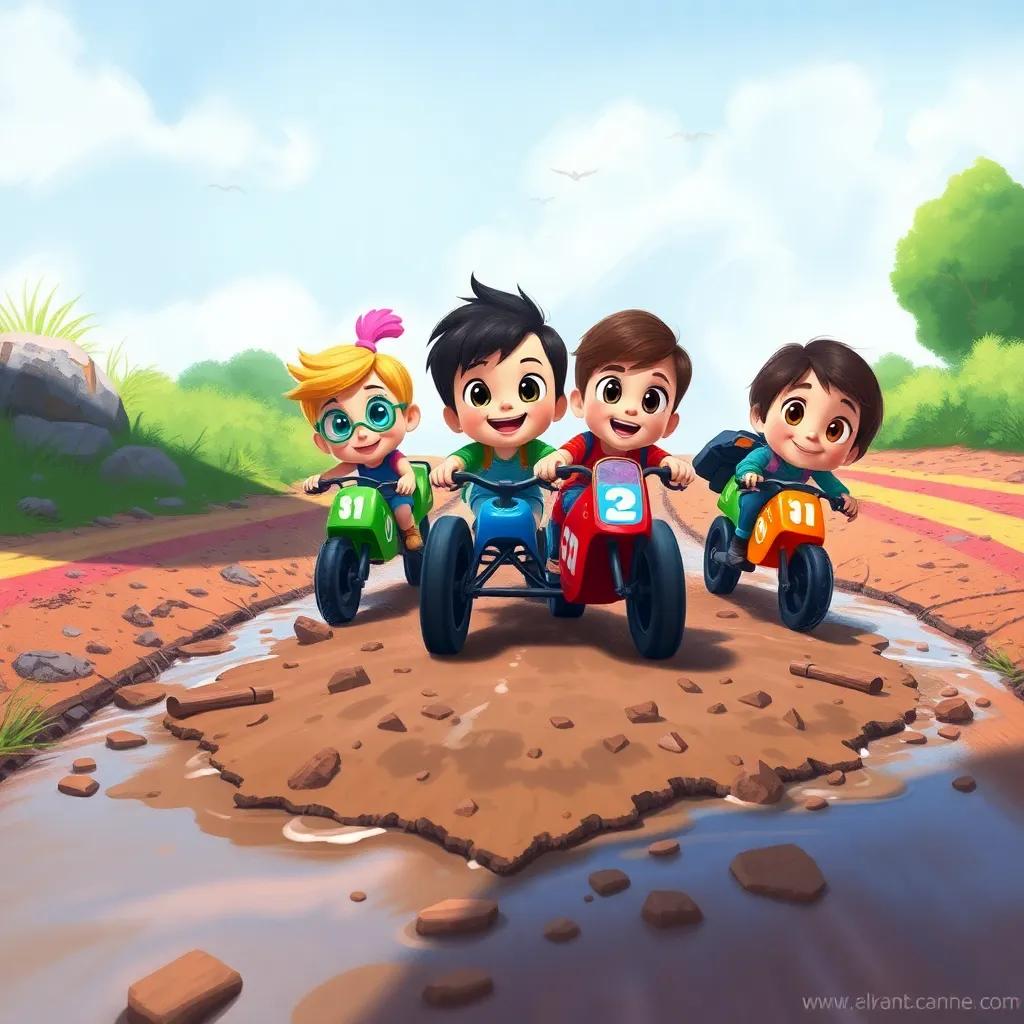 The little racers overcoming a muddy patch together, Tilly leading the group, Sammy creating a path, teamwork showcased, vibrant colors of rainbow road, expressive illustration, dynamism in action, detailed