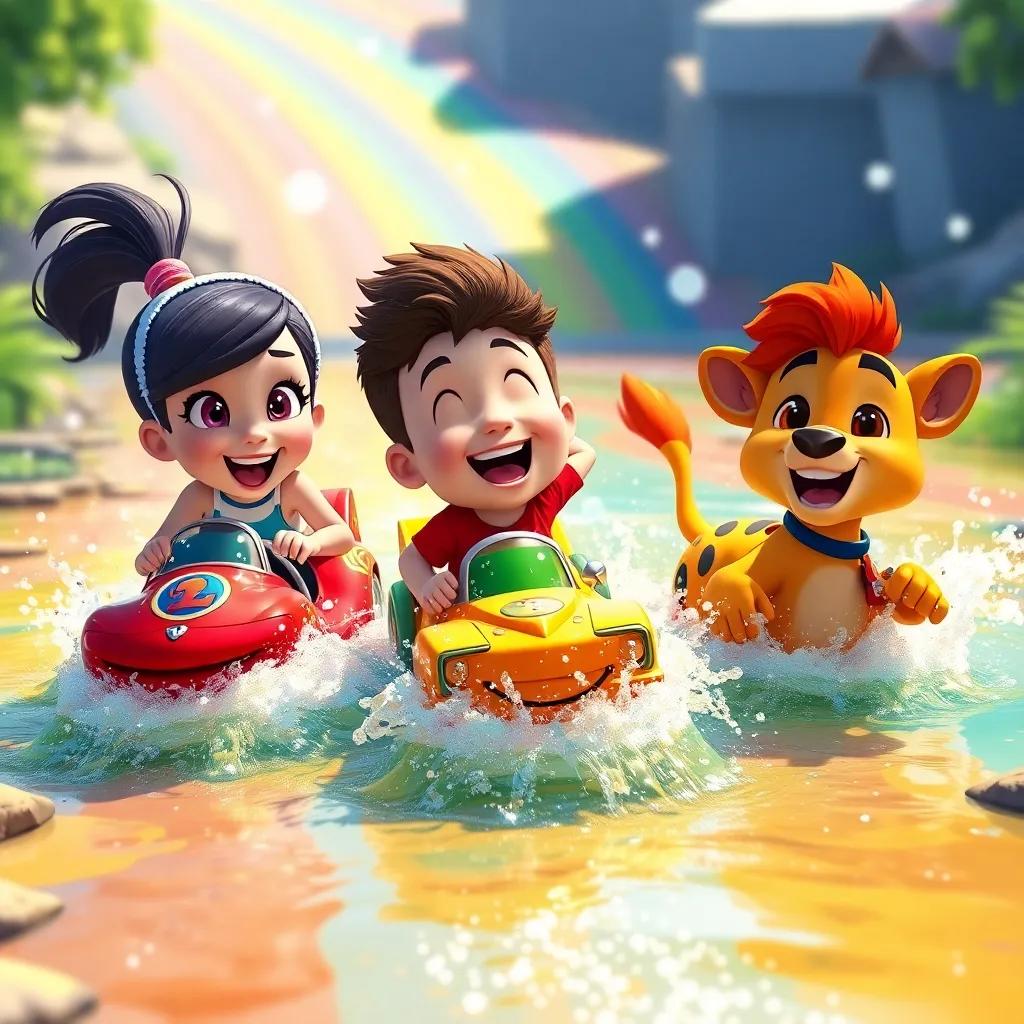 The racers playing in Rainbow River, Tilly, Sammy, and Leo splashing water, laughter all around, bright and cheerful scene, colorful background, digital artwork, detailed, uplifting