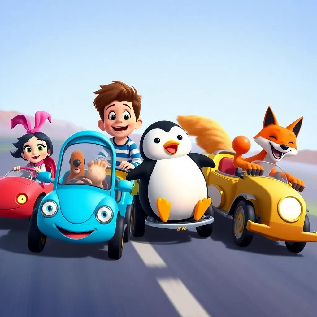 Tilly, Sammy, Leo, Penny the Penguin, and Freddy the Fox all racing together, their colorful cars linked together, laughter and stories, joyous scene, vibrant colors, bright and detailed