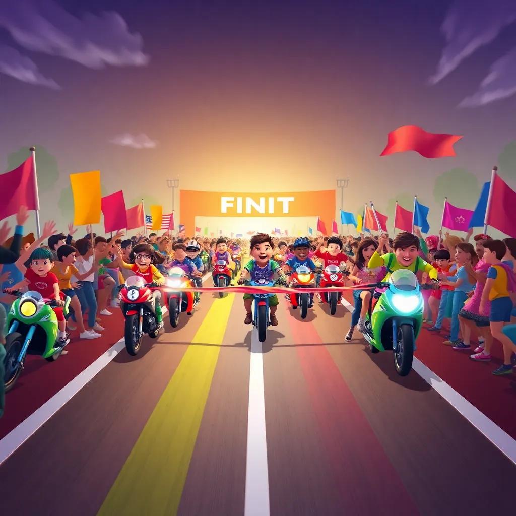 The final stretch of the rainbow road glowing bright, all racers crossing the finish line together, celebration, flags waving, joyful faces, cheerful atmosphere, detailed illustration, vibrant and happy