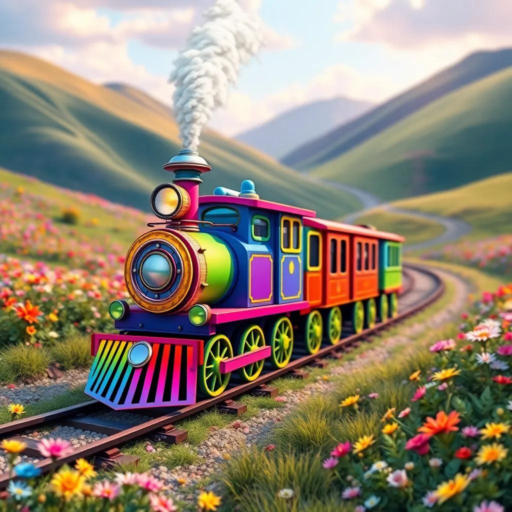 A magical train, the Rainbow Train, with bright colors and a joyful whistle, traveling through a colorful landscape with flowers and hills, digital art, vibrant colors, cheerful atmosphere, high quality