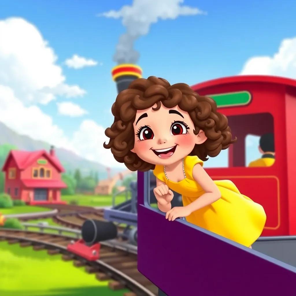 A cheerful girl named Lily with curly brown hair, wearing a bright yellow dress, smiling joyfully as she boards the Rainbow Train in the village of Happyville, illustration, colorful, adventure-themed, child-friendly