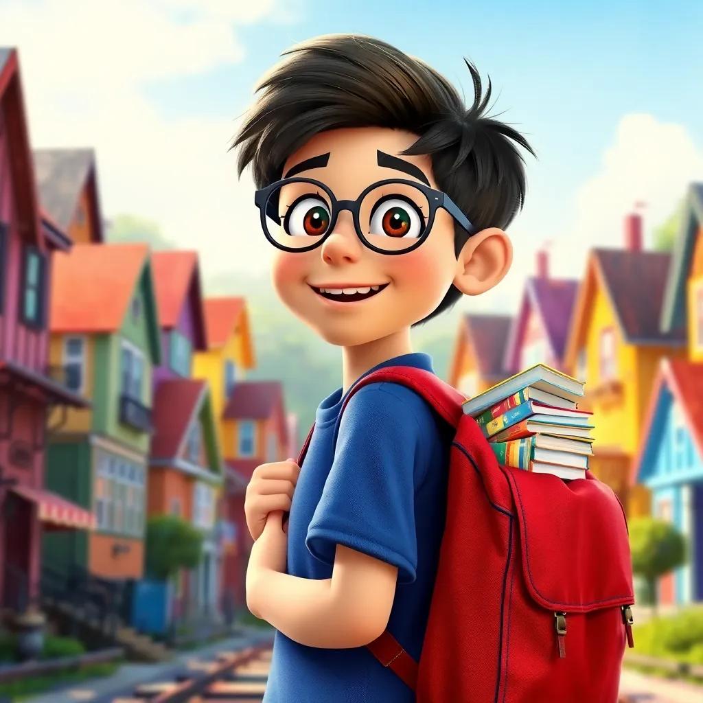 A boy named Max with glasses and a blue shirt, excitedly joining the Rainbow Train, standing in a town of colorful houses with a backpack full of books, digital art, bright colors, joyful, inviting scene