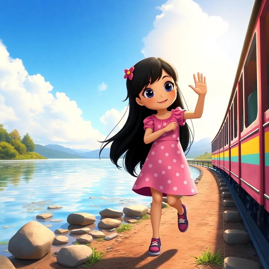 A kind-hearted girl named Sara, with long black hair and a pink polka-dot dress, skipping stones by a shimmering lake, waving as she hops on the Rainbow Train, detailed illustration, natural scenery, warm light