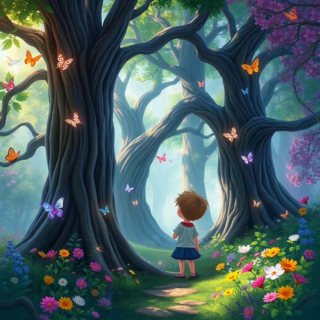 A magical forest with wise old trees whispering secrets of kindness, children listening with wide eyes, filled with colorful butterflies and flowers, enchanting digital painting, mystical, vibrant, captivating view