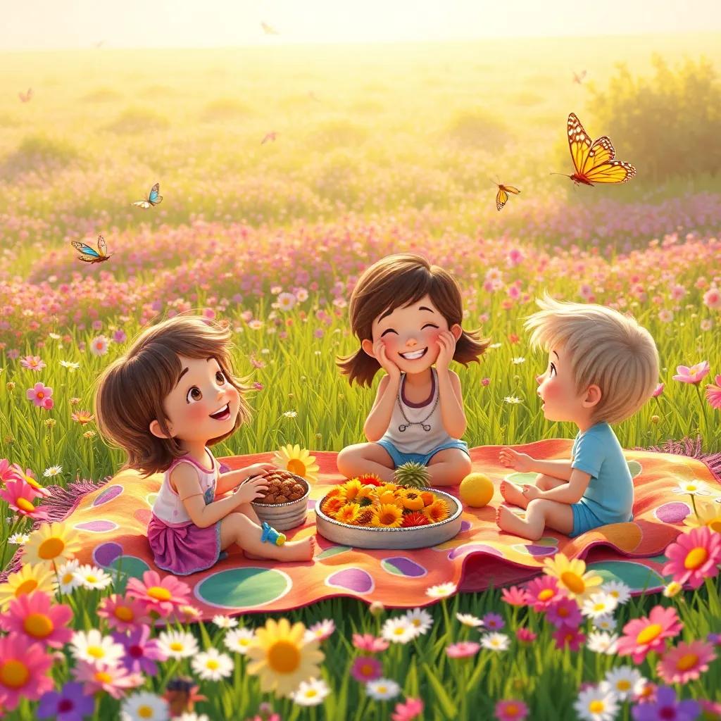 A giant meadow filled with butterflies and flowers, children enjoying a picnic on a colorful blanket, laughter and games shared, digital art, sunny, cheerful atmosphere, high quality