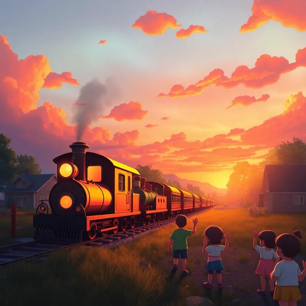 The Rainbow Train chugging back to Happyville at sunset, the sky painted in shades of orange and pink, children waving goodbye, digital painting, nostalgic, warm colors, inviting scene