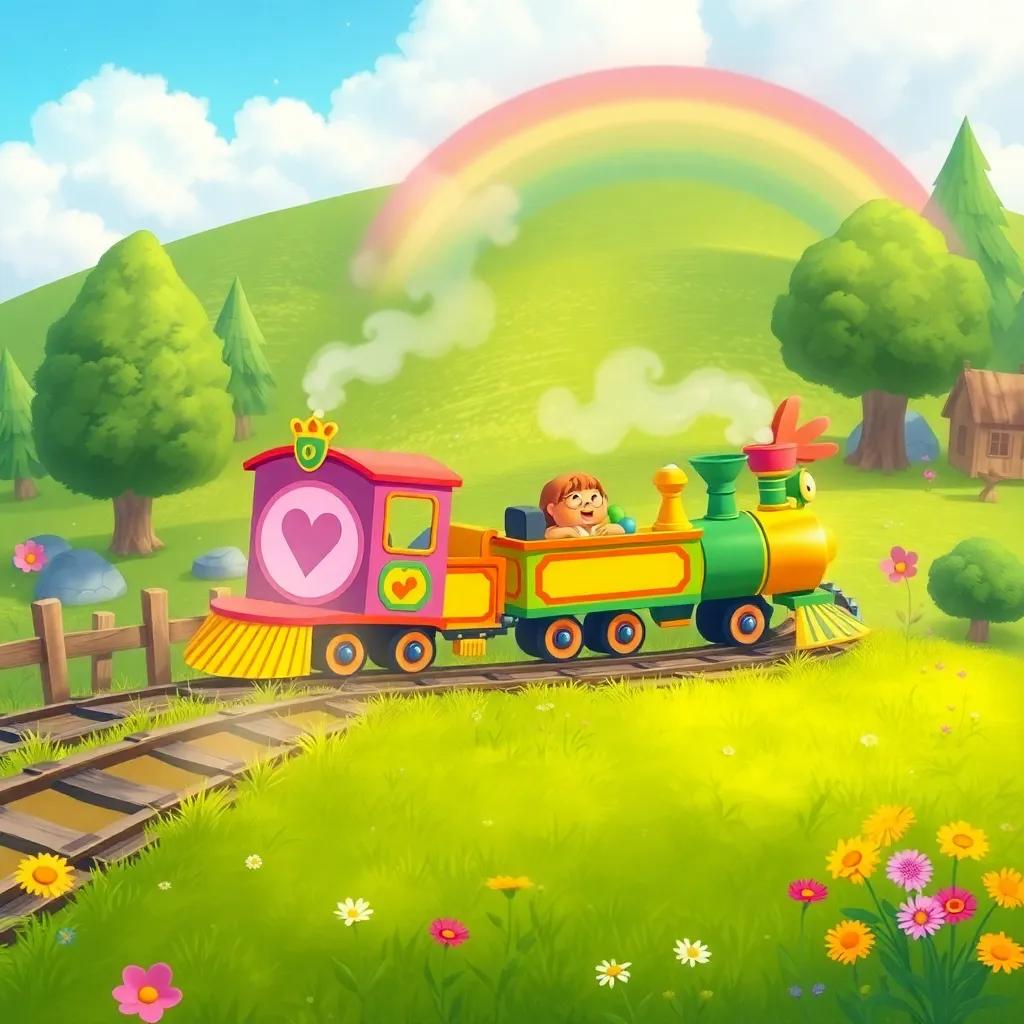 A magical scene of the Rainbow Train continuing its journey, spreading kindness and love through the land, illustration, colorful, joyful adventures, inviting atmosphere