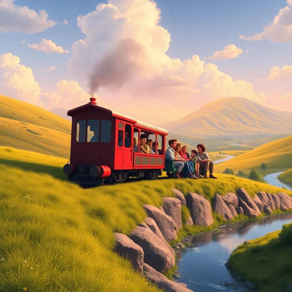 A beautiful landscape of the train traveling over hills and rivers, friends gathered on board for a fun adventure, warm light, vibrant colors, cheerful, bright quality
