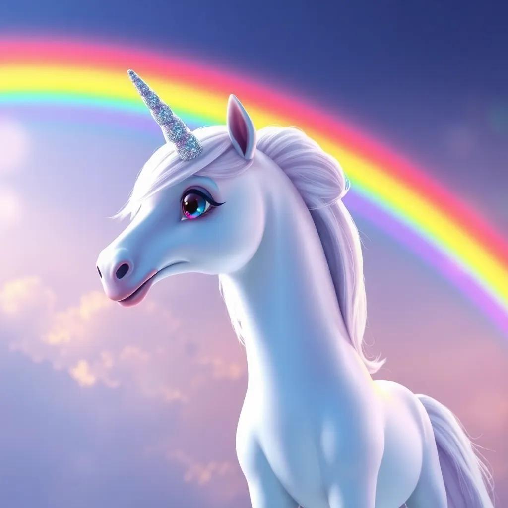 A beautiful unicorn named Luna, with a shiny white coat and a sparkling horn, standing in front of a vibrant rainbow stretching across the sky, digital art, bright and colorful, joyful atmosphere, high quality