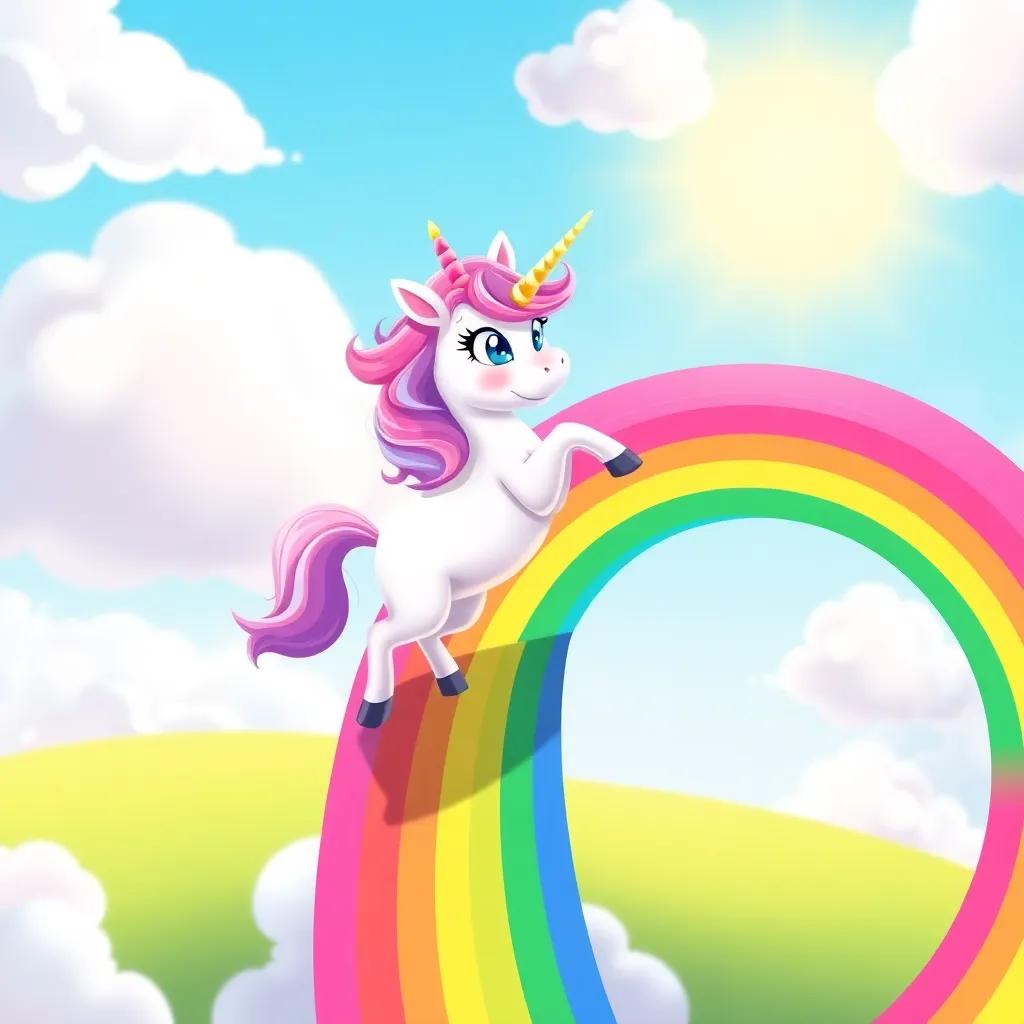 Luna the unicorn, joyfully jumping onto the rainbow, sliding down its colorful arch, with a sunny sky and fluffy clouds in the background, illustration, cheerful, playful, vibrant