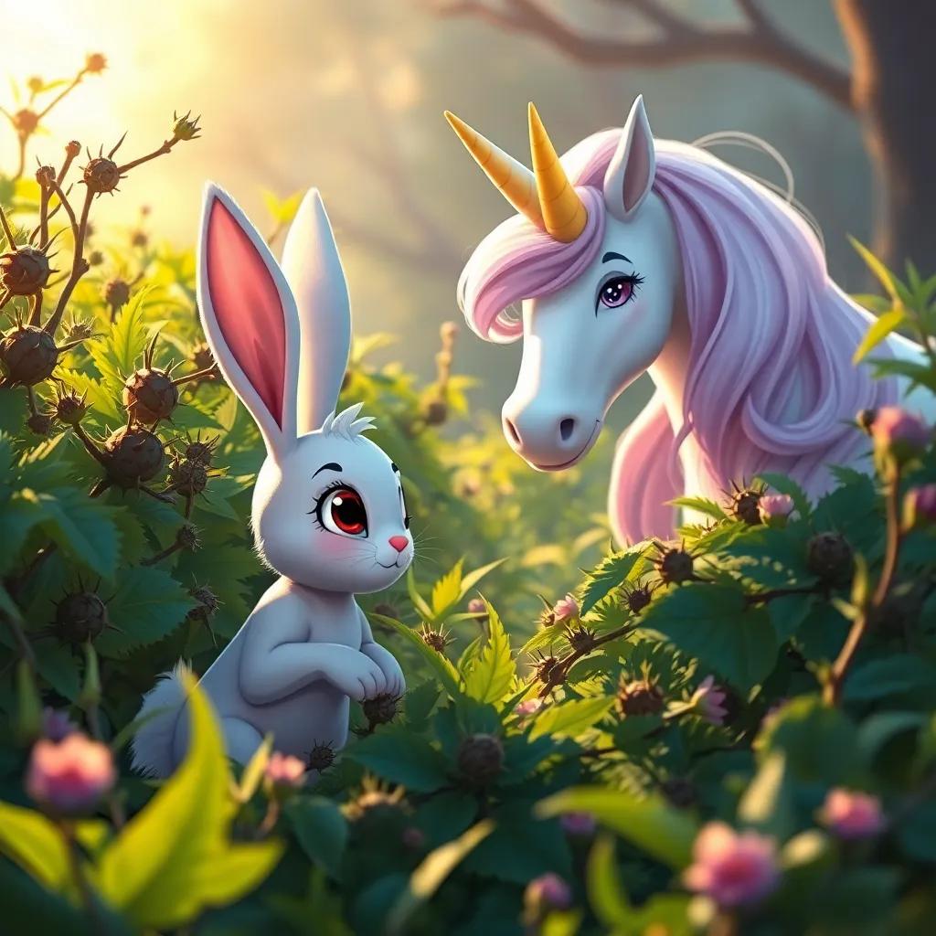 Bella the bunny, looking worried in a thorny bush, with Luna the unicorn using her magic horn to help her out, warm light, friendly scene, high quality