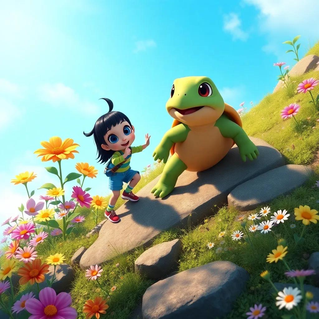 Luna and Tommy the turtle, climbing a steep hill together, with smiles on their faces, surrounded by colorful flowers and a bright blue sky, digital art, heartwarming, adventure-themed