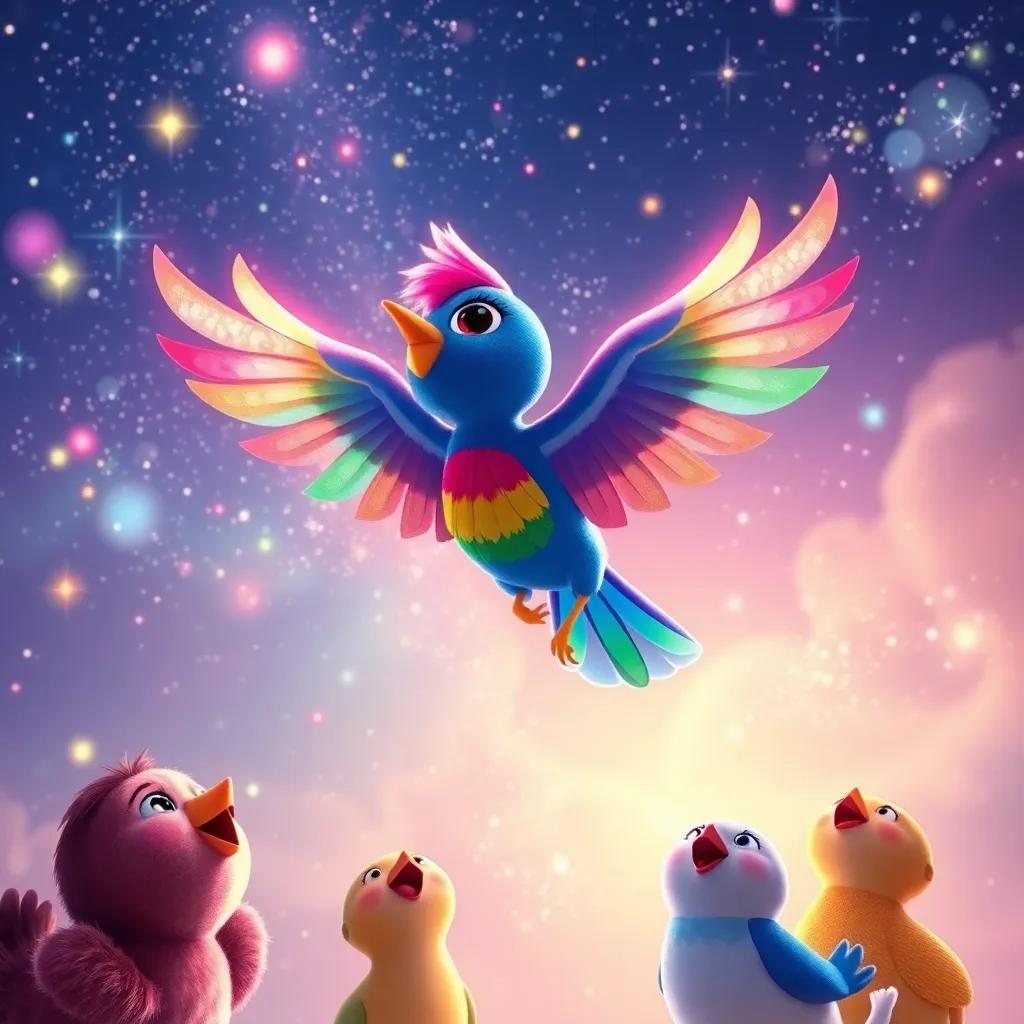 Marla the rainbow bird, flying in the sky, surrounded by sparkling colors, Luna and her friends looking up happily, bright and vibrant atmosphere, enchanting scene, high quality