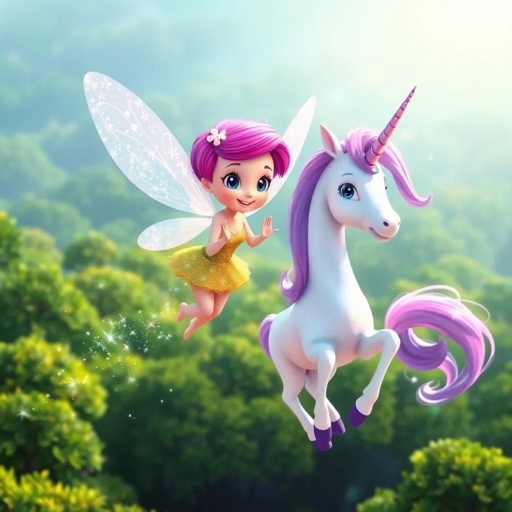 A fairy, Sprinkles, with sparkling wings and a playful smile, flying alongside Luna the unicorn, sprinkling magical glitter over a lush green forest, colorful, bright sunlight, whimsical style, cheerful, bright color palette, high quality