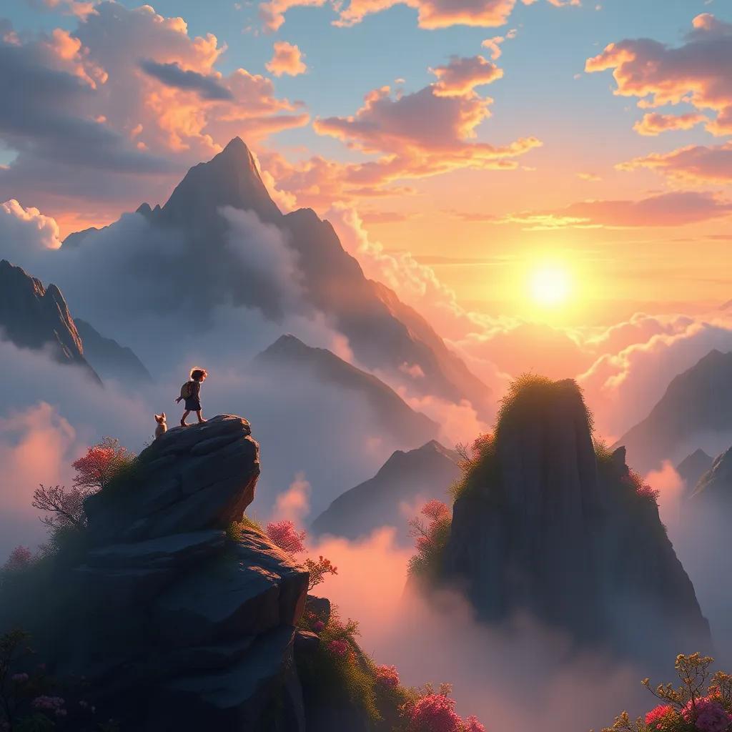A breathtaking view of Misty Mountains with Luna and Sprinkles climbing, the mountains shrouded in mist and mystery, with flora and fauna around, digital painting, enchanted landscape, beautiful sunrise, detailed, high quality