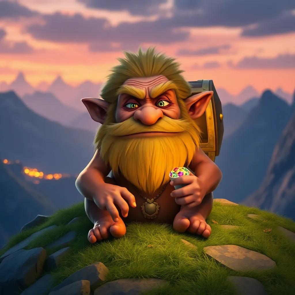 A grumpy old troll with a bushy beard sitting in front of a shimmering chest on the mountain top, colorful gemstones shining inside the chest, inviting yet mysterious vibe, fantasy style, warm lighting, high quality