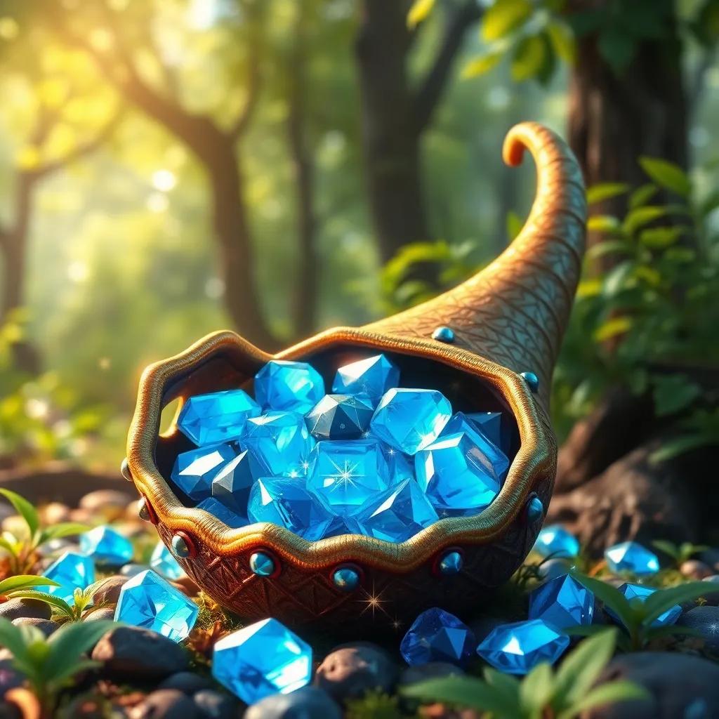 A treasure of blue gems with twinkling reflections, held in Luna's magical horn, in a beautiful forest surrounded by lush greenery, digital art, sparkly and lively, vibrant colors, focused view