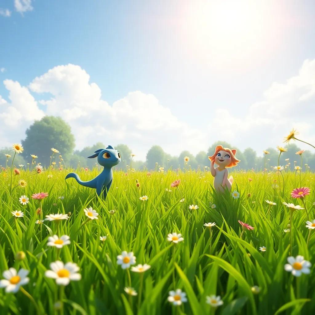 A field of lush green grass with warm sunlight above, attended by Luna and Sprinkles, flowers joyfully dancing in the breeze, magical atmosphere, bright and cheerful, high quality