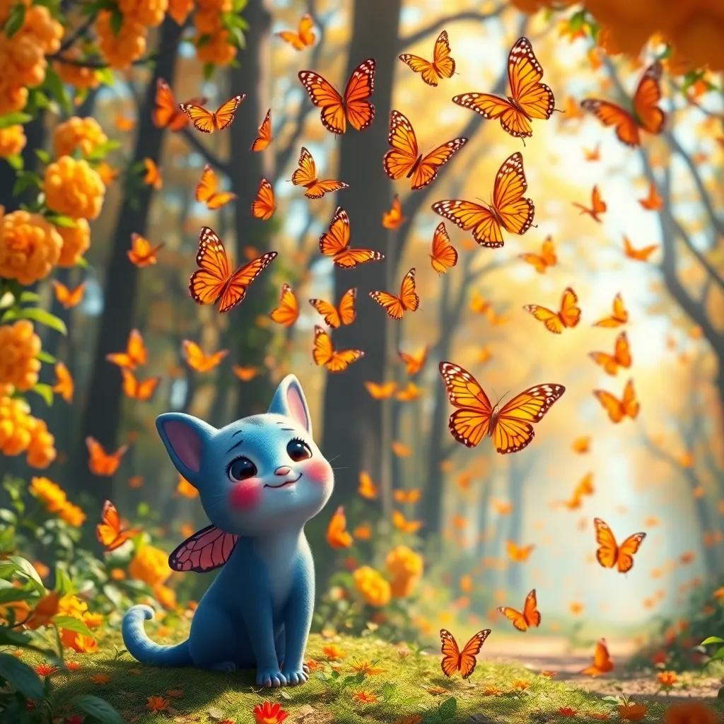 A swarm of orange butterflies fluttering around Luna and Sprinkles, in a bright forest filled with orange trees, vivid colors, playful scene, beautiful sunlight, high quality