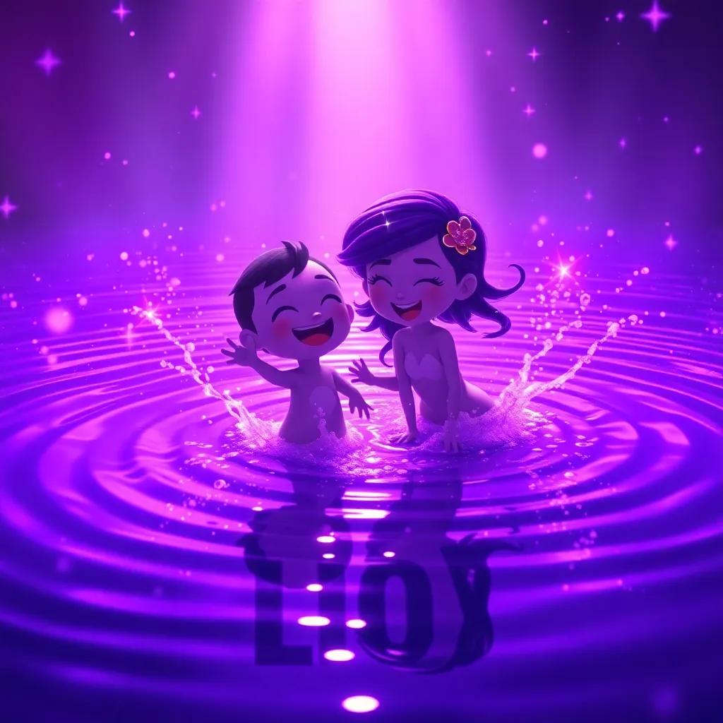 Purple magical pools with rippling water, reflecting light, with Luna and Sprinkles joyously splashing and gathering purple magic, shimmering light, magical scene, vibrant colors, high quality