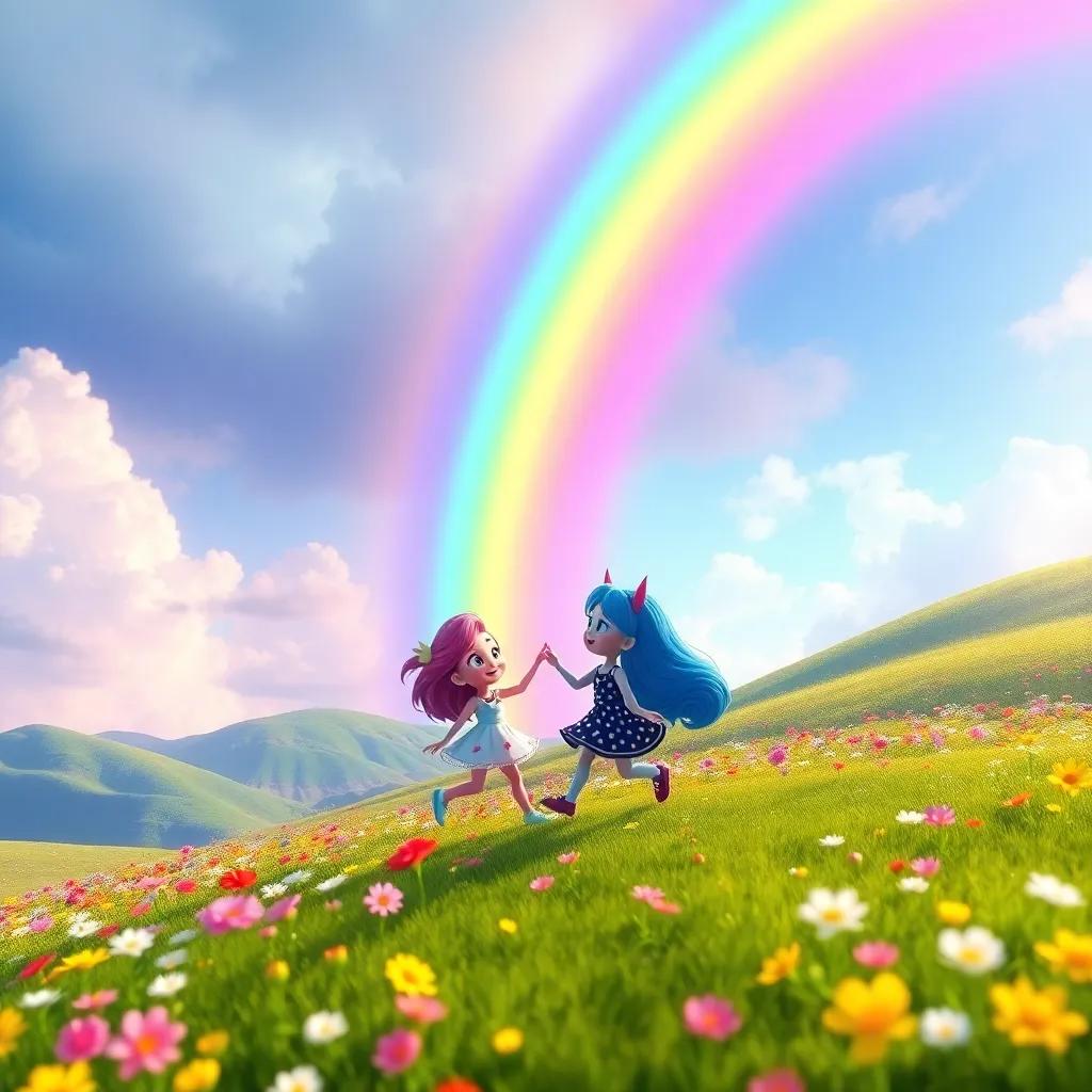 A stunning rainbow arching over a transformed land full of colors and happiness, with Luna and Sprinkles dancing together amidst blooming flowers, joyful atmosphere, colorful landscape, high quality