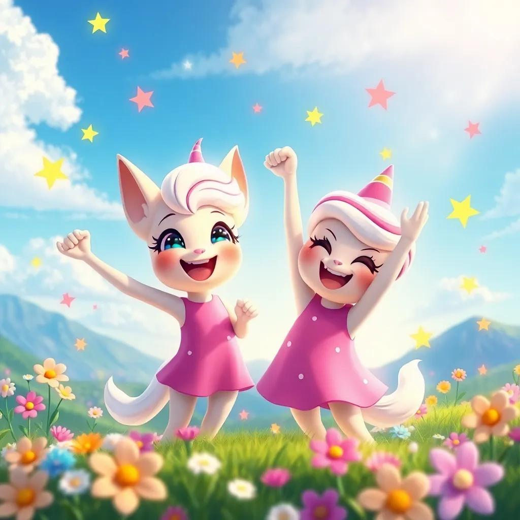 Luna and Sprinkles celebrating their victory, surrounded by vivid landscapes of blue skies and colorful flowers, lots of laughter and joy, whimsical scene, magical feel, high quality