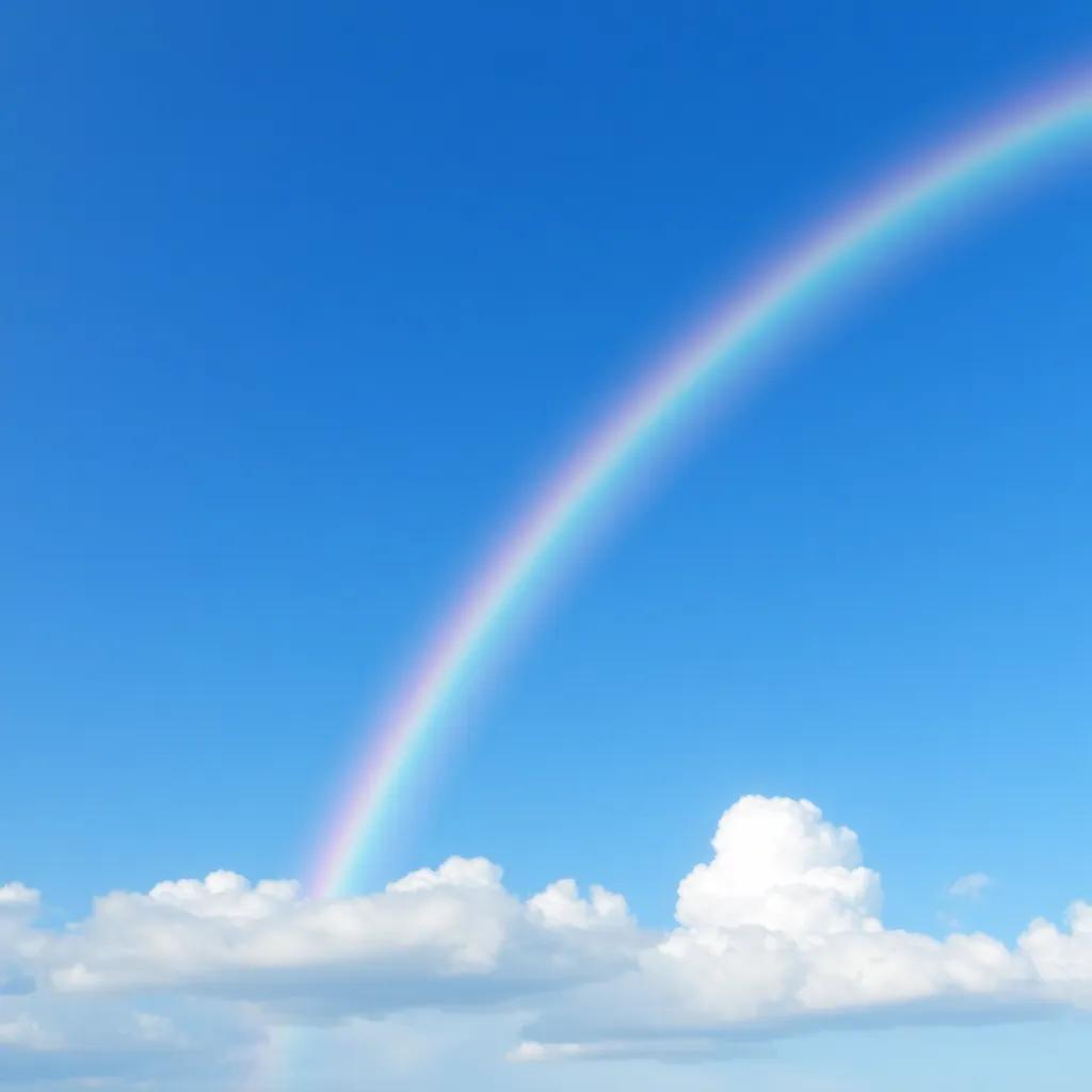 A rainbow stretching across a clear blue sky, looking sad and gray, with soft clouds in the background, digital art, bright and cheerful colors, uplifting atmosphere, high quality