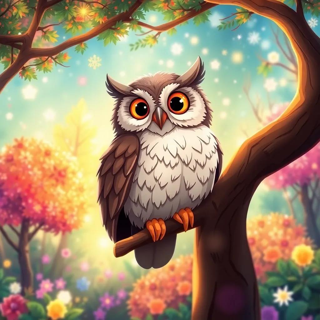 A wise old owl perched on a tree branch, with a colorful forest backdrop filled with sparkling trees and flowers, illustration, magical vibe, vibrant colors, friendly and welcoming scene, high quality