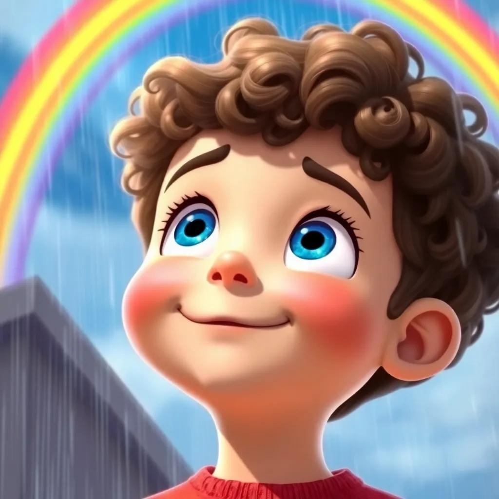A curious boy named Timmy with bright blue eyes and curly brown hair, looking up at a vibrant rainbow in the blue sky after a rain shower, bright and colorful, digital art, warm and cheerful atmosphere, high quality