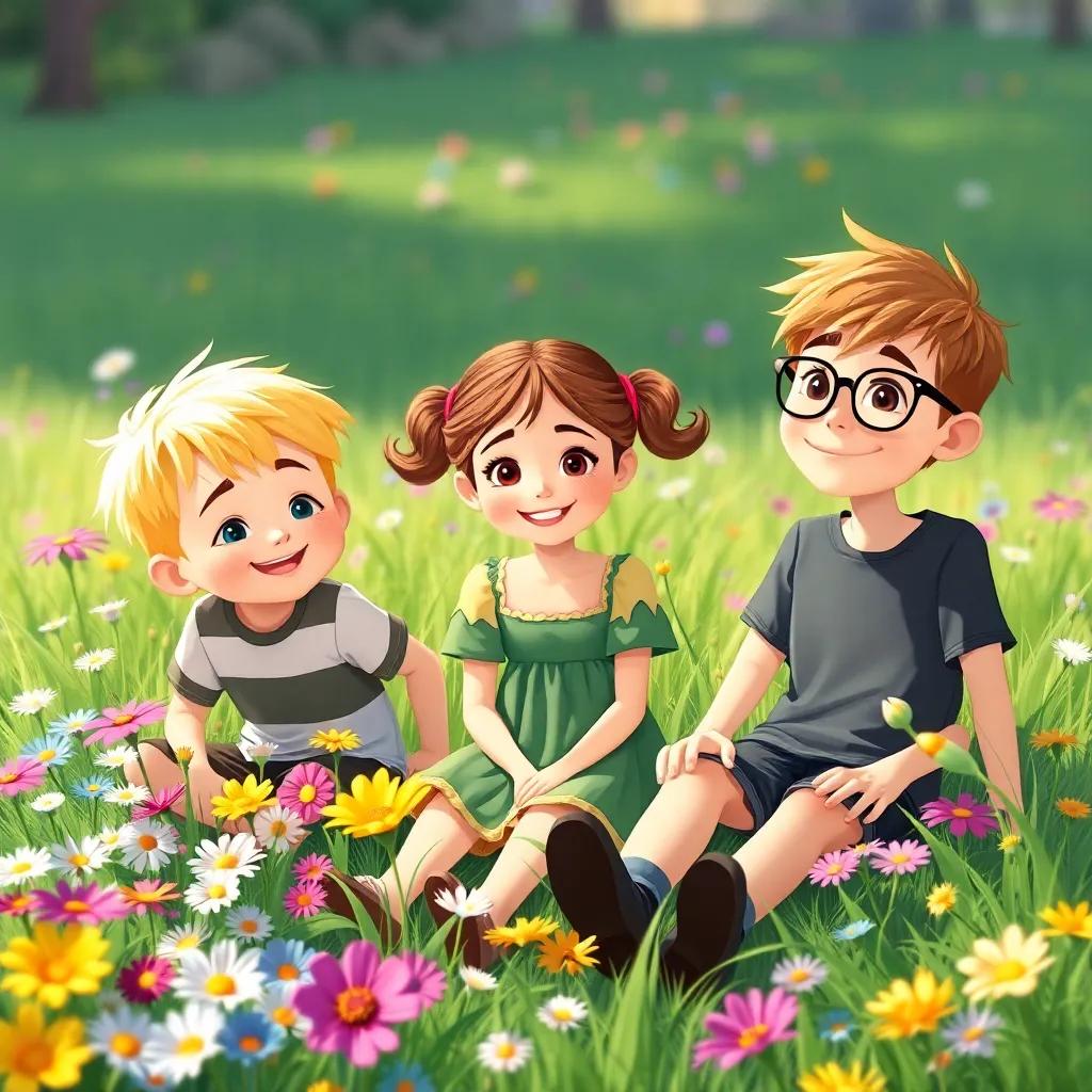 Three friends, Timmy, a boy with blonde hair, Mia, a girl with pigtails and a green dress, and Jake, a boy with glasses and a t-shirt, sitting in a meadow surrounded by wildflowers, colorful flowers and lush grass, joyful mood, detailed illustration, bright colors