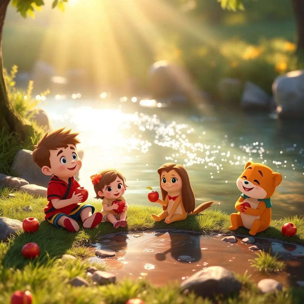 A sparkling stream with sunlight creating little rainbows in the water, Timmy, Mia, and Jake sitting on the grass by the stream with apples in hand, serene and cheerful scene, soft focus, inviting ambiance