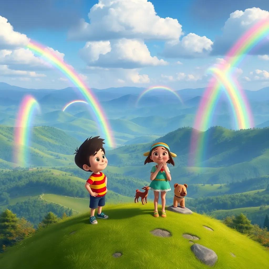 Timmy, Mia, and Jake standing on top of a small hill, looking out over a vast valley filled with rolling hills and multiple rainbows, cheerful expressions, expansive view, vibrant colors, detailed digital painting