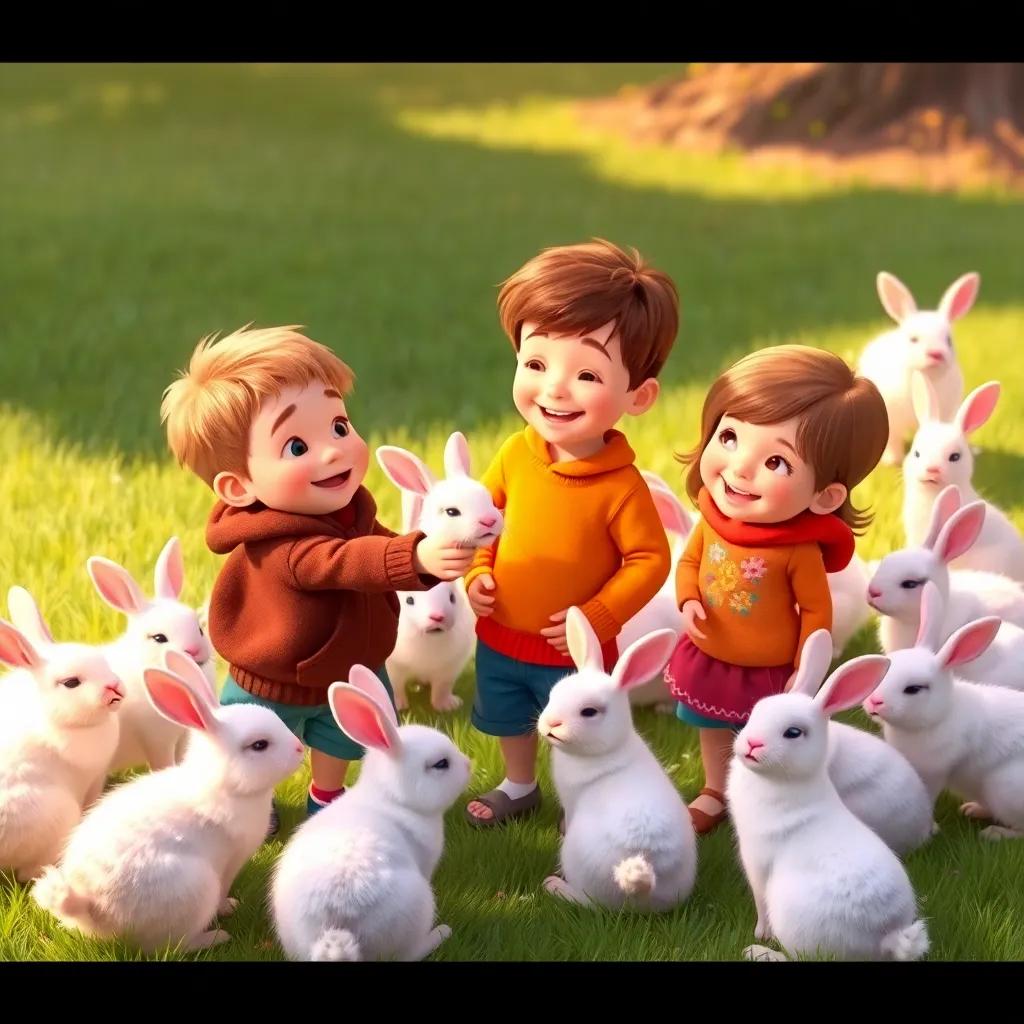 Three children, standing playfully surrounded by fluffy rabbits in a grassy area, Timmy reaching out gently to a rabbit while the others laugh, warm and friendly atmosphere, bright colors, playful scene