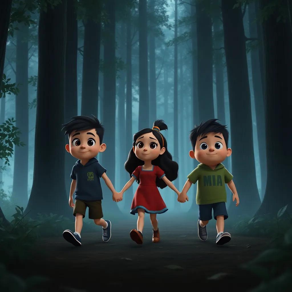 Timmy, Mia, and Jake holding hands as they walk through a dark forest with tall trees, looking brave with determined expressions, magical yet slightly spooky vibe, soft light filtering through leaves, high detail